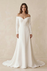 Off - the - Shoulder A - Line Satin Wedding Dress in White - KISS BRIDAL Wedding Dresses