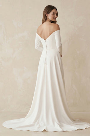 Off - the - Shoulder A - Line Satin Wedding Dress in White - SHE IS ME Wedding Dresses