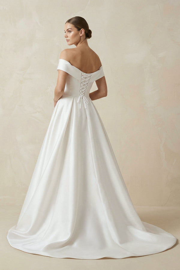 Off - the - shoulder A - Line Satin Wedding Dress - KISS BRIDAL Wedding Dresses