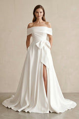 Off - the - Shoulder A - Line Satin Wedding Dress With Bow in White - KISS BRIDAL Wedding Dresses