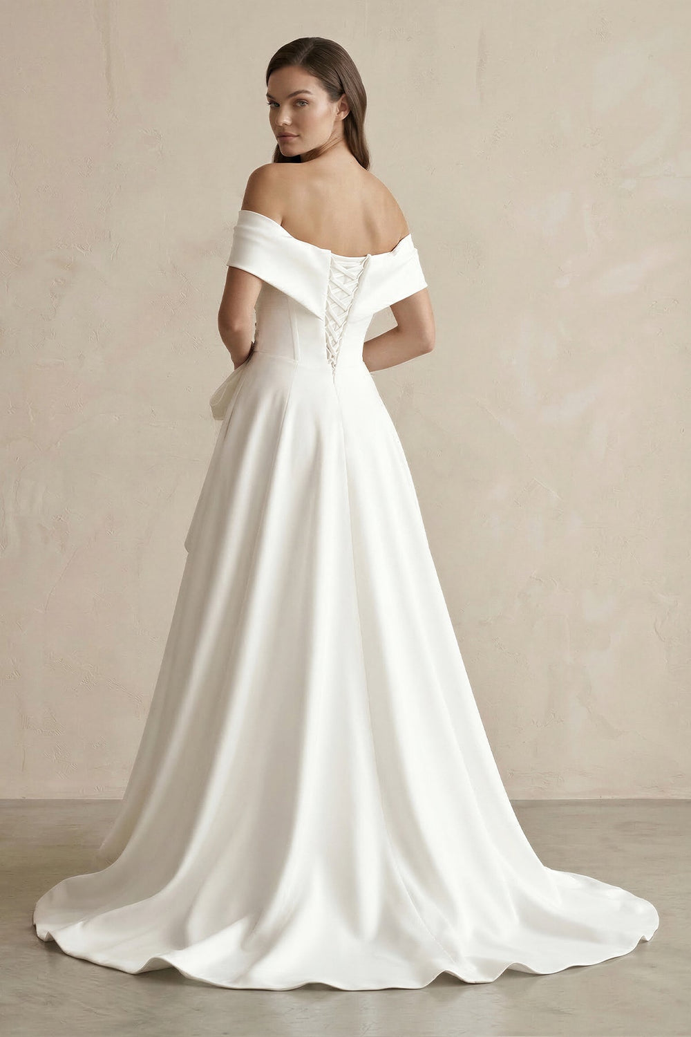 Off - the - Shoulder A - Line Satin Wedding Dress With Bow in White - KISS BRIDAL Wedding Dresses