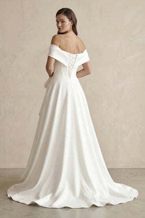 Off - the - Shoulder A - Line Satin Wedding Dress With Bow in White - SHE IS ME Wedding Dresses