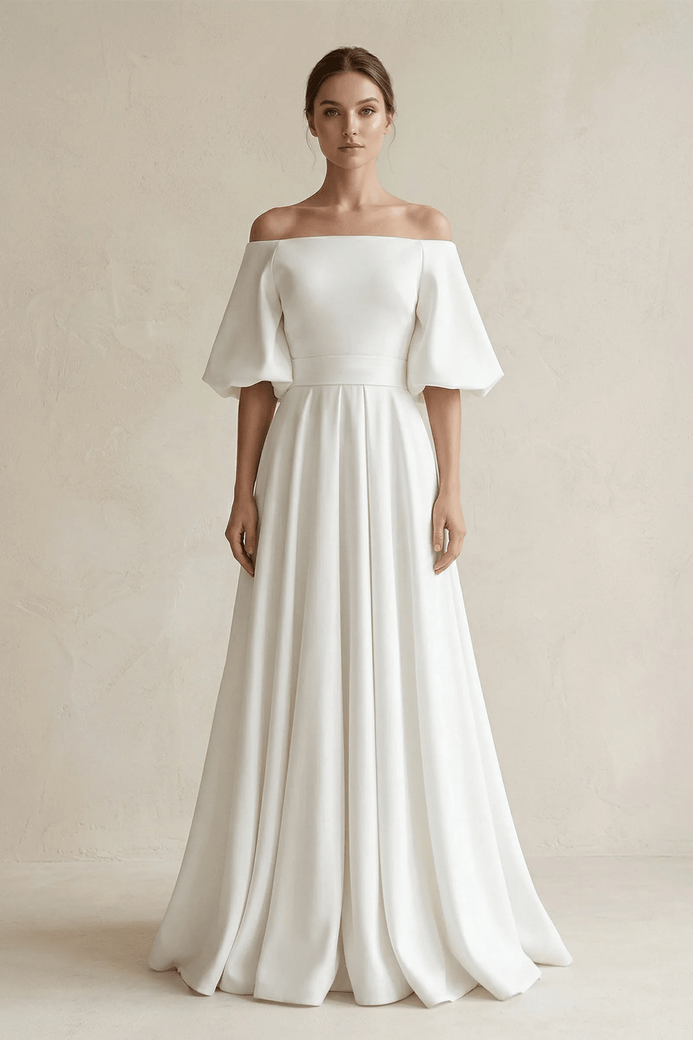 Off - the - Shoulder A - Line Satin Wedding Dress With Short Sleeves in White - KISS BRIDAL Wedding Dresses