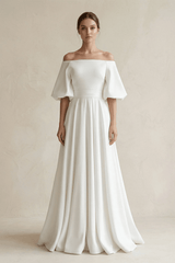 Off - the - Shoulder A - Line Satin Wedding Dress With Short Sleeves in White - KISS BRIDAL Wedding Dresses