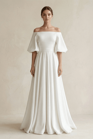 Off - the - Shoulder A - Line Satin Wedding Dress With Short Sleeves in White - SHE IS ME Wedding Dresses