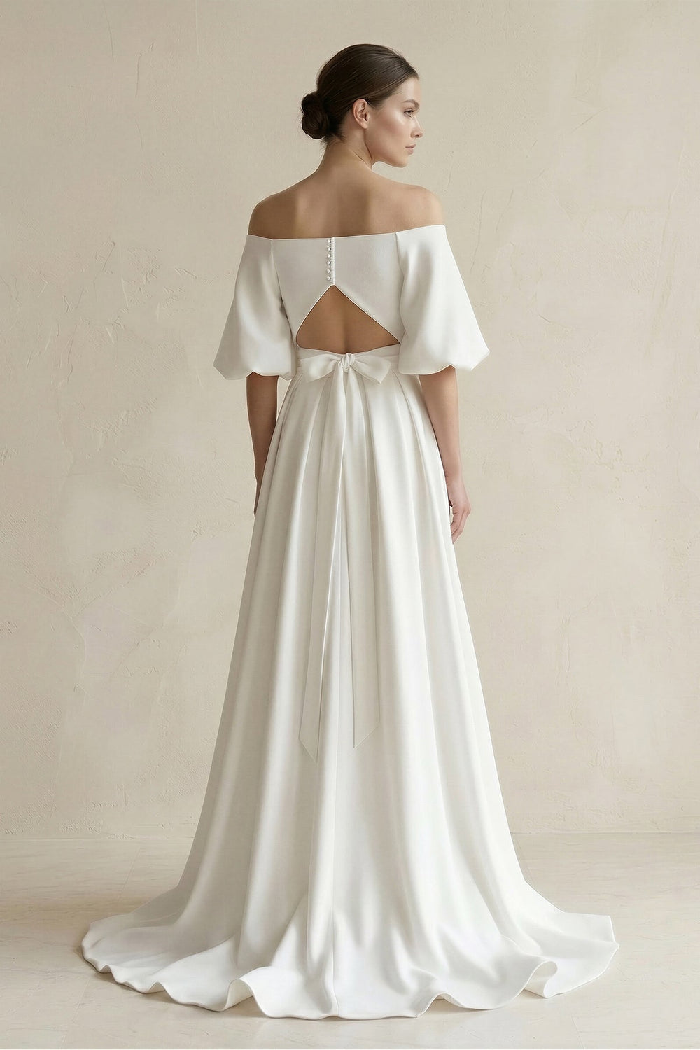 Off - the - Shoulder A - Line Satin Wedding Dress With Short Sleeves in White - KISS BRIDAL Wedding Dresses