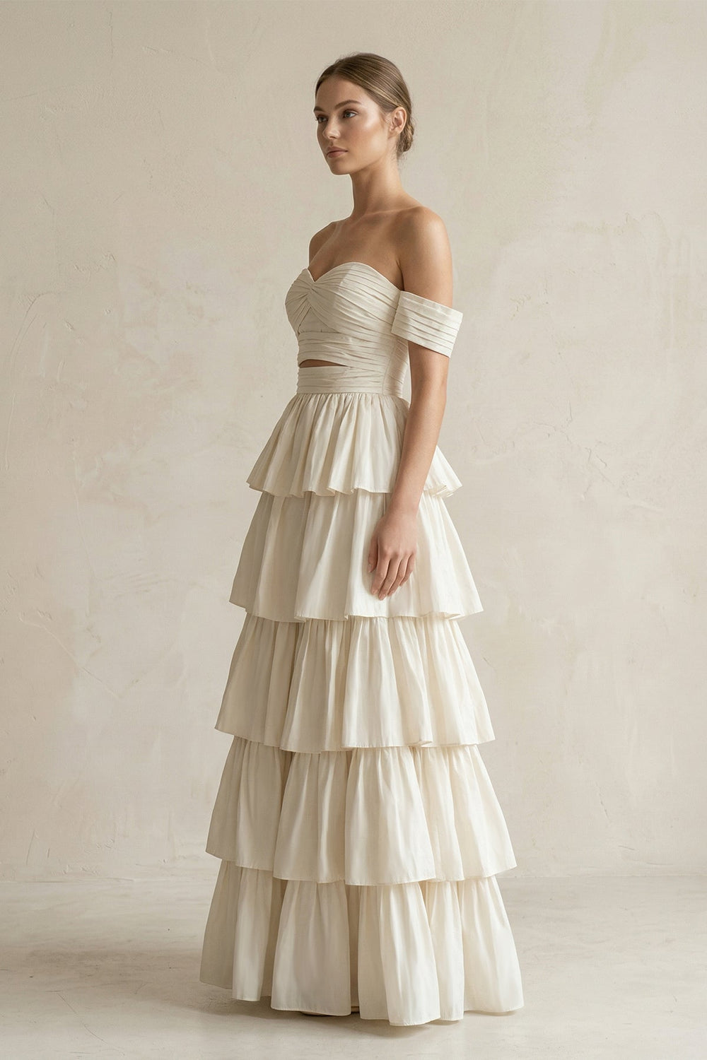 Off - the - Shoulder A - Line Tiered Chiffon Wedding Dress in Ivory - KISS BRIDAL Wedding Dresses
