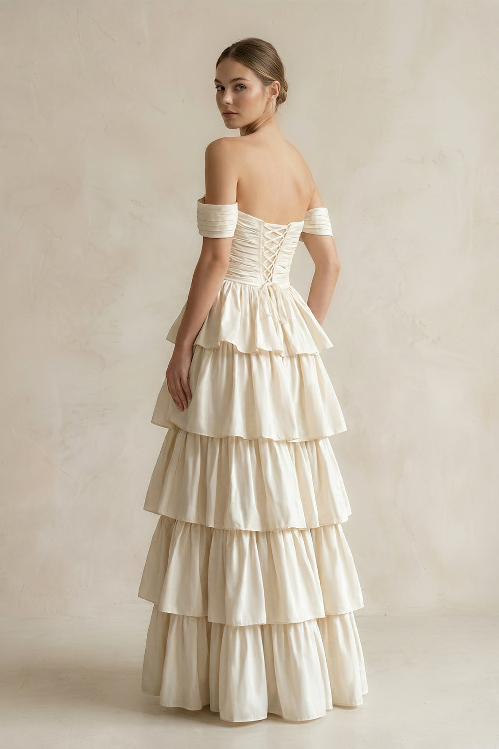 Off - the - Shoulder A - Line Tiered Chiffon Wedding Dress in Ivory - KISS BRIDAL Wedding Dresses
