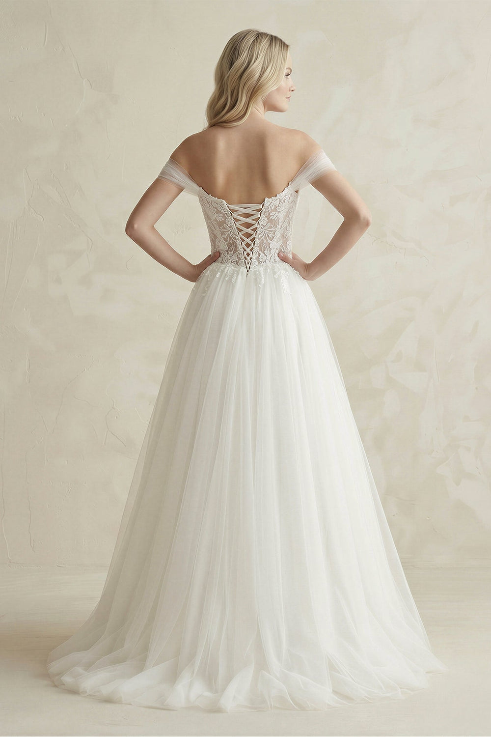 Off - the - Shoulder A - Line Tulle Appliqued Wedding Dress in White - KISS BRIDAL Wedding Dresses
