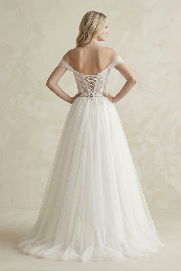 Off - the - Shoulder A - Line Tulle Appliqued Wedding Dress in White - SHE IS ME Wedding Dresses