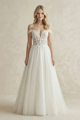 Off - the - Shoulder A - Line Tulle Appliqued Wedding Dress in White - KISS BRIDAL Wedding Dresses
