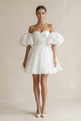 Off - the - Shoulder A - Line Tulle Mini Wedding Dress in White - KISS BRIDAL Wedding Dresses