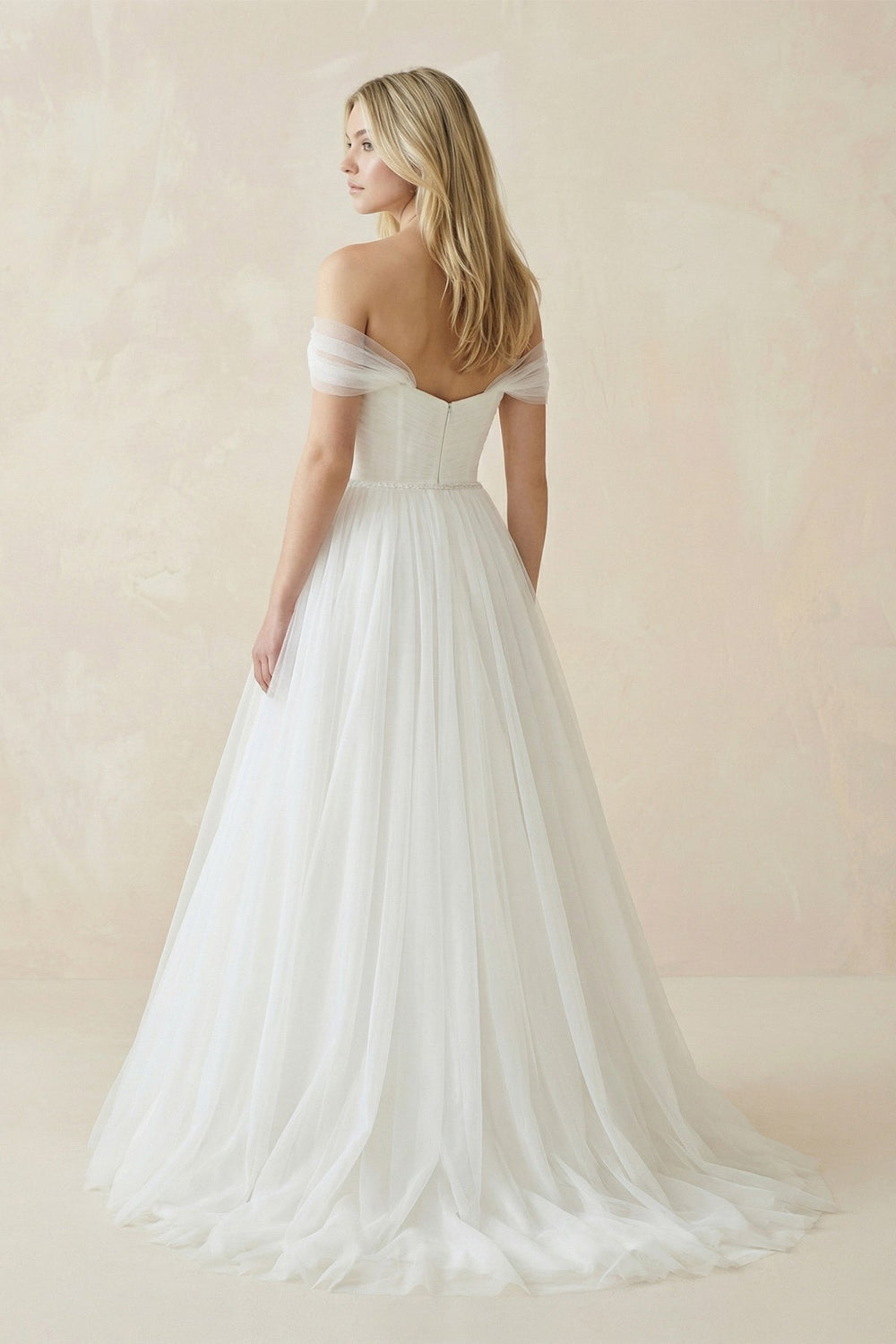 Off - the - Shoulder A - Line Tulle Pleated Wedding Dress in White - KISS BRIDAL Wedding Dresses