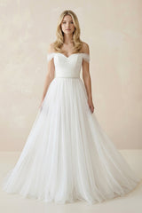 Off - the - Shoulder A - Line Tulle Pleated Wedding Dress in White - KISS BRIDAL Wedding Dresses
