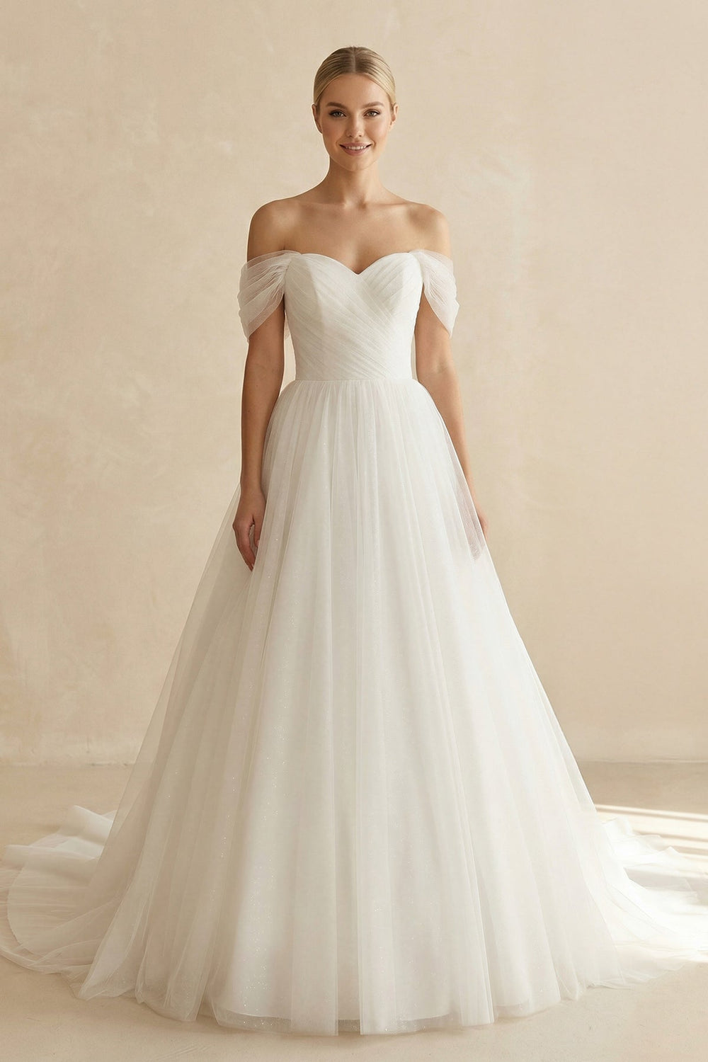 Off - the - Shoulder A - Line Tulle Wedding Dress in White - KISS BRIDAL Wedding Dresses