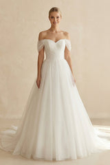 Off - the - Shoulder A - Line Tulle Wedding Dress in White - KISS BRIDAL Wedding Dresses