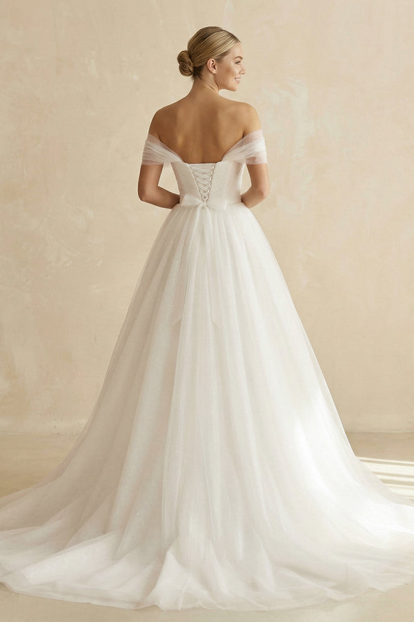 Off - the - Shoulder A - Line Tulle Wedding Dress in White - SHE IS ME Wedding Dresses
