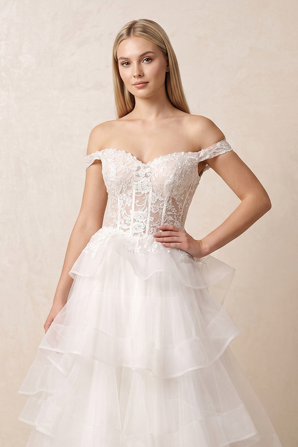 Off The Shoulder A Line Tulle Wedding Dress in White - KISS BRIDAL Wedding Dresses