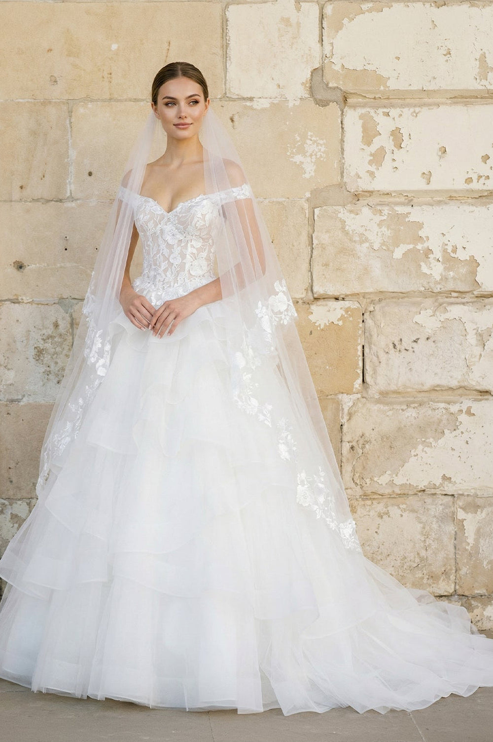 Off The Shoulder A Line Tulle Wedding Dress in White - SHE IS ME Wedding Dresses