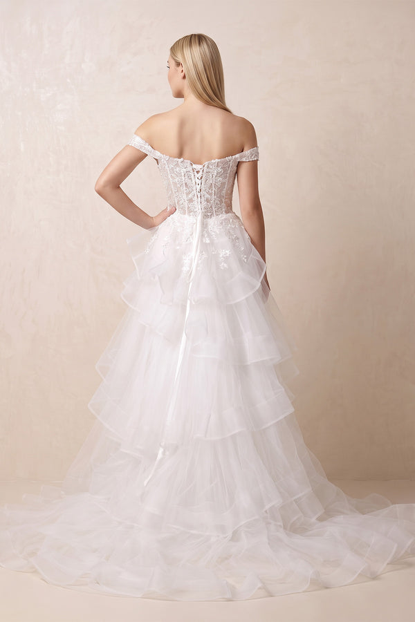 Off The Shoulder A Line Tulle Wedding Dress in White - KISS BRIDAL Wedding Dresses