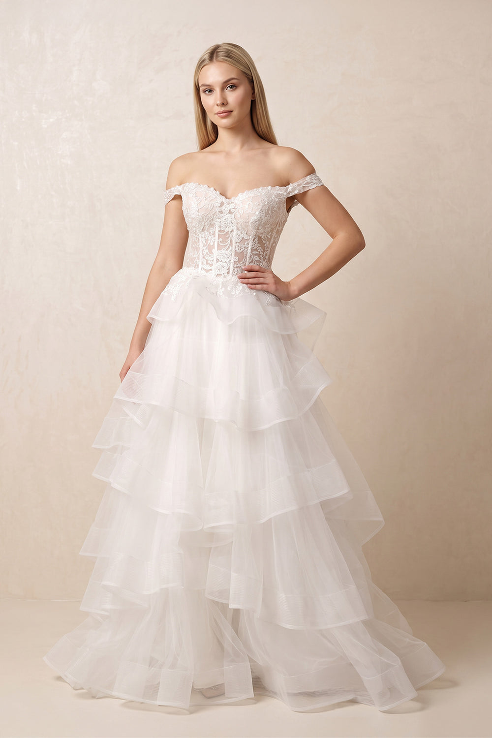 Off The Shoulder Ball-Gown Tulle Wedding Dress in White