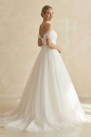 Off - the - Shoulder A - Line Tulle Wedding Dress in White - SHE IS ME Wedding Dresses