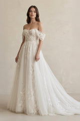 Off The Shoulder A Line Tulle Wedding Dress With Appliques in Ivory - KISS BRIDAL Wedding Dresses