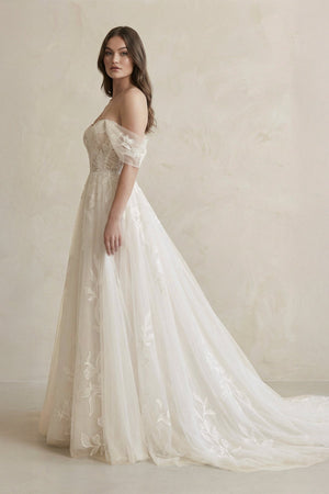 Off The Shoulder A Line Tulle Wedding Dress With Appliques in Ivory - SHE IS ME Wedding Dresses