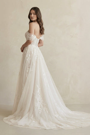 Off The Shoulder A Line Tulle Wedding Dress With Appliques in Ivory - SHE IS ME Wedding Dresses