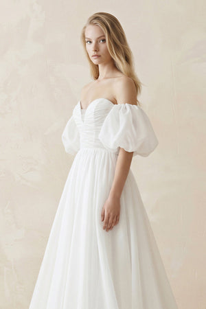 Off - the - Shoulder A - Line Tulle Wedding Dress With Puff Sleeves in White - SHE IS ME Wedding Dresses