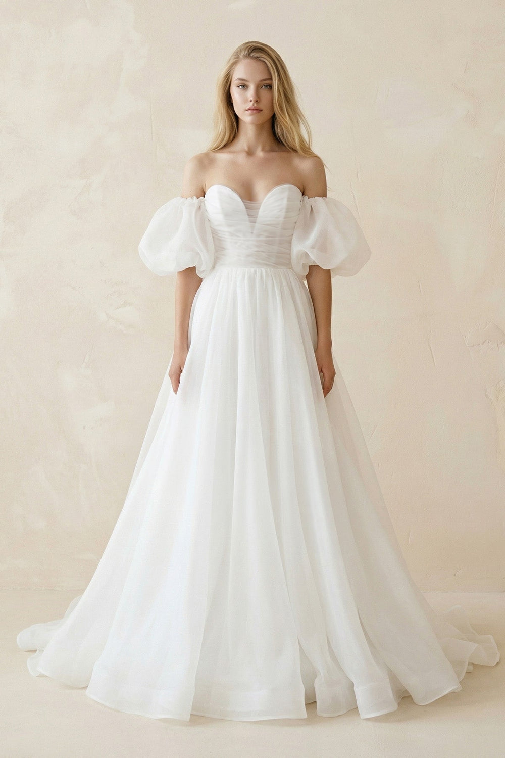 Off - the - Shoulder A - Line Tulle Wedding Dress With Puff Sleeves in White - KISS BRIDAL Wedding Dresses