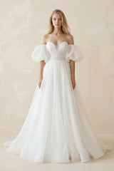 Off - the - Shoulder A - Line Tulle Wedding Dress With Puff Sleeves in White - KISS BRIDAL Wedding Dresses
