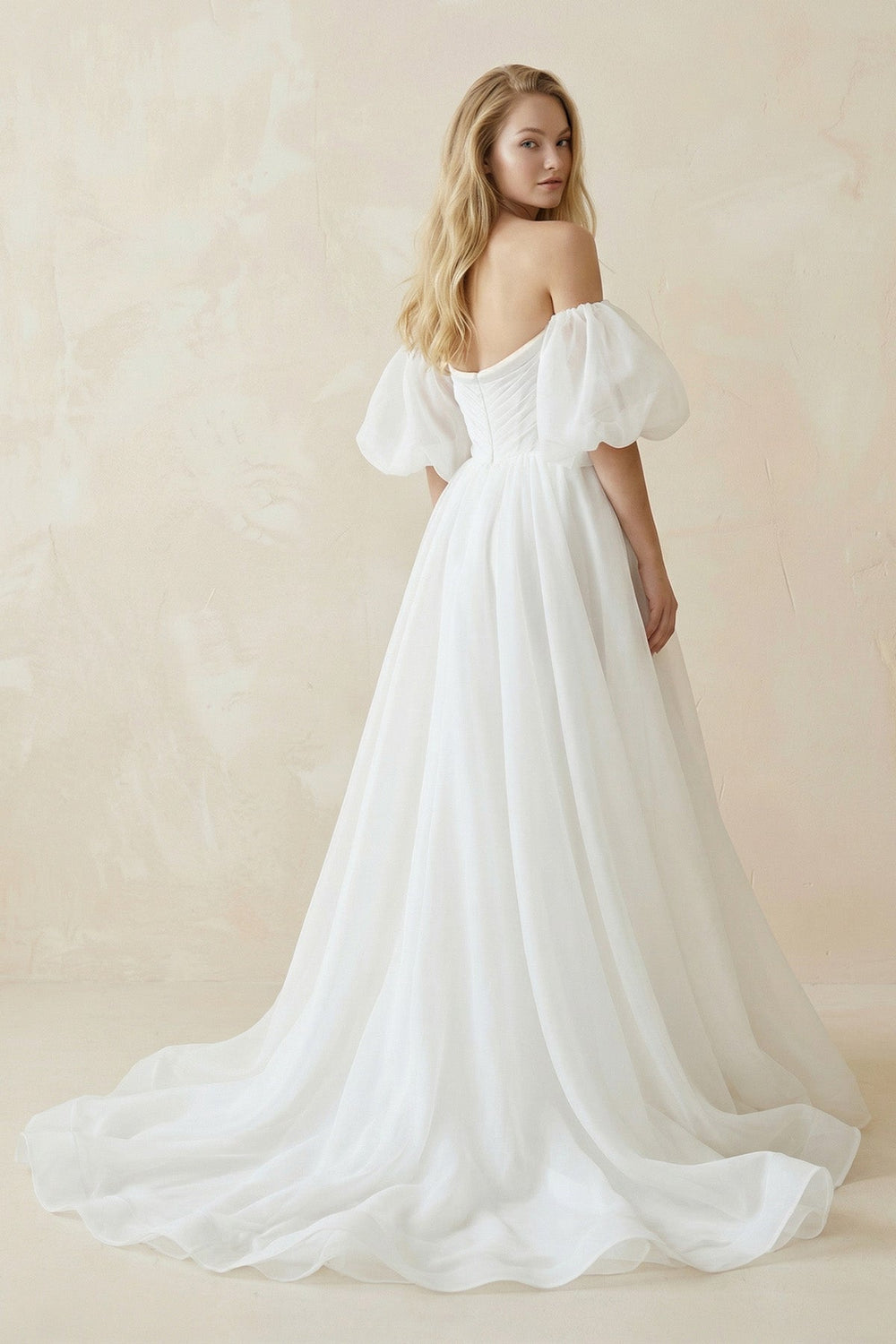 Off - the - Shoulder A - Line Tulle Wedding Dress With Puff Sleeves in White - KISS BRIDAL Wedding Dresses