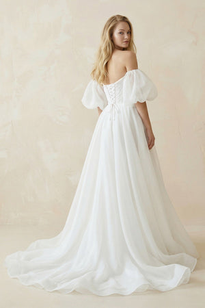 Off - the - Shoulder A - Line Tulle Wedding Dress With Puff Sleeves in White - KISS BRIDAL Wedding Dresses