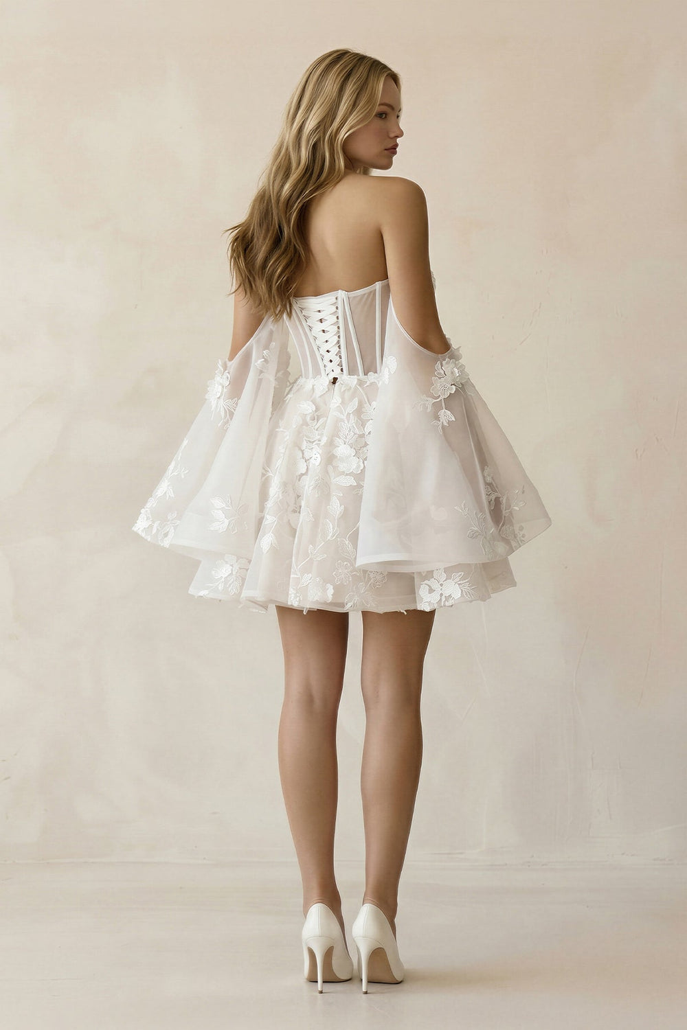 Off - the - Shoulder Appliqued Tulle A - Line Corset Wedding Dress in Ivory - KISS BRIDAL Wedding Dresses