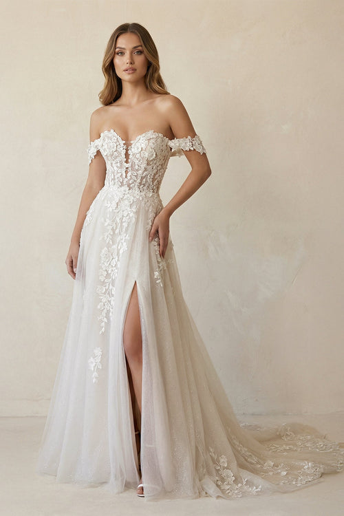 Off The Shoulder Appliqued Wedding Dress With Slit in White and Nude - SHE IS ME Wedding Dresses