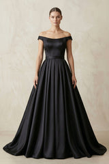 Off - the - Shoulder Boat Neck Satin A - Line Wedding Dress in Black - KISS BRIDAL Wedding Dresses