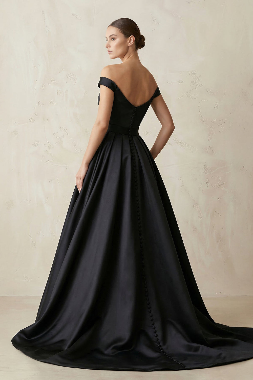 Off - the - Shoulder Boat Neck Satin A - Line Wedding Dress in Black - KISS BRIDAL Wedding Dresses