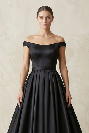 Off - the - Shoulder Boat Neck Satin A - Line Wedding Dress in Black - SHE IS ME Wedding Dresses
