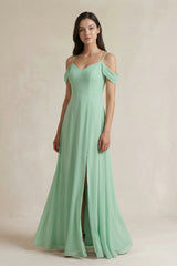 Off-the-Shoulder Chiffon A-Line Bridesmaid Dress in Pale Pistachio - KISS BRIDAL BRIDESMAID DRESSES