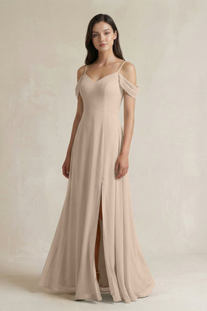 Off - the - Shoulder Chiffon A - Line Bridesmaid Dress in Almond - SHE IS ME Bridesmaid Dresses