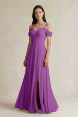 Off - the - Shoulder Chiffon A - Line Bridesmaid Dress in Amethyst - KISS BRIDAL Bridesmaid Dresses