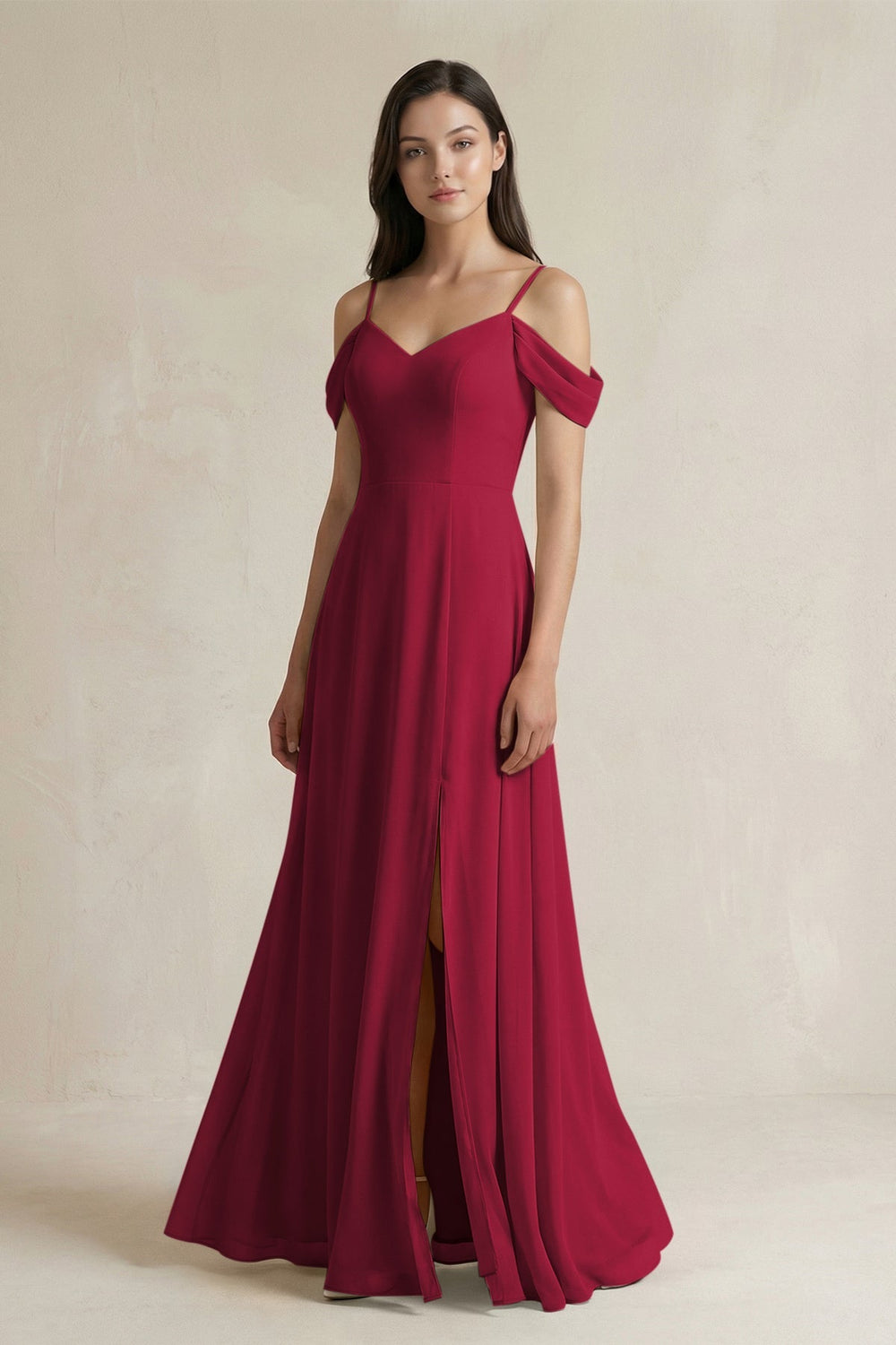 Off - the - Shoulder Chiffon A - Line Bridesmaid Dress in Berry - SHE IS ME Bridesmaid Dresses