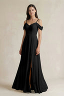 Off - the - Shoulder Chiffon A - Line Bridesmaid Dress in Black - SHE IS ME Bridesmaid Dresses