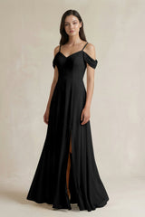 Off - the - Shoulder Chiffon A - Line Bridesmaid Dress in Black - KISS BRIDAL Bridesmaid Dresses