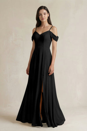 Off - the - Shoulder Chiffon A - Line Bridesmaid Dress in Black - SHE IS ME Bridesmaid Dresses
