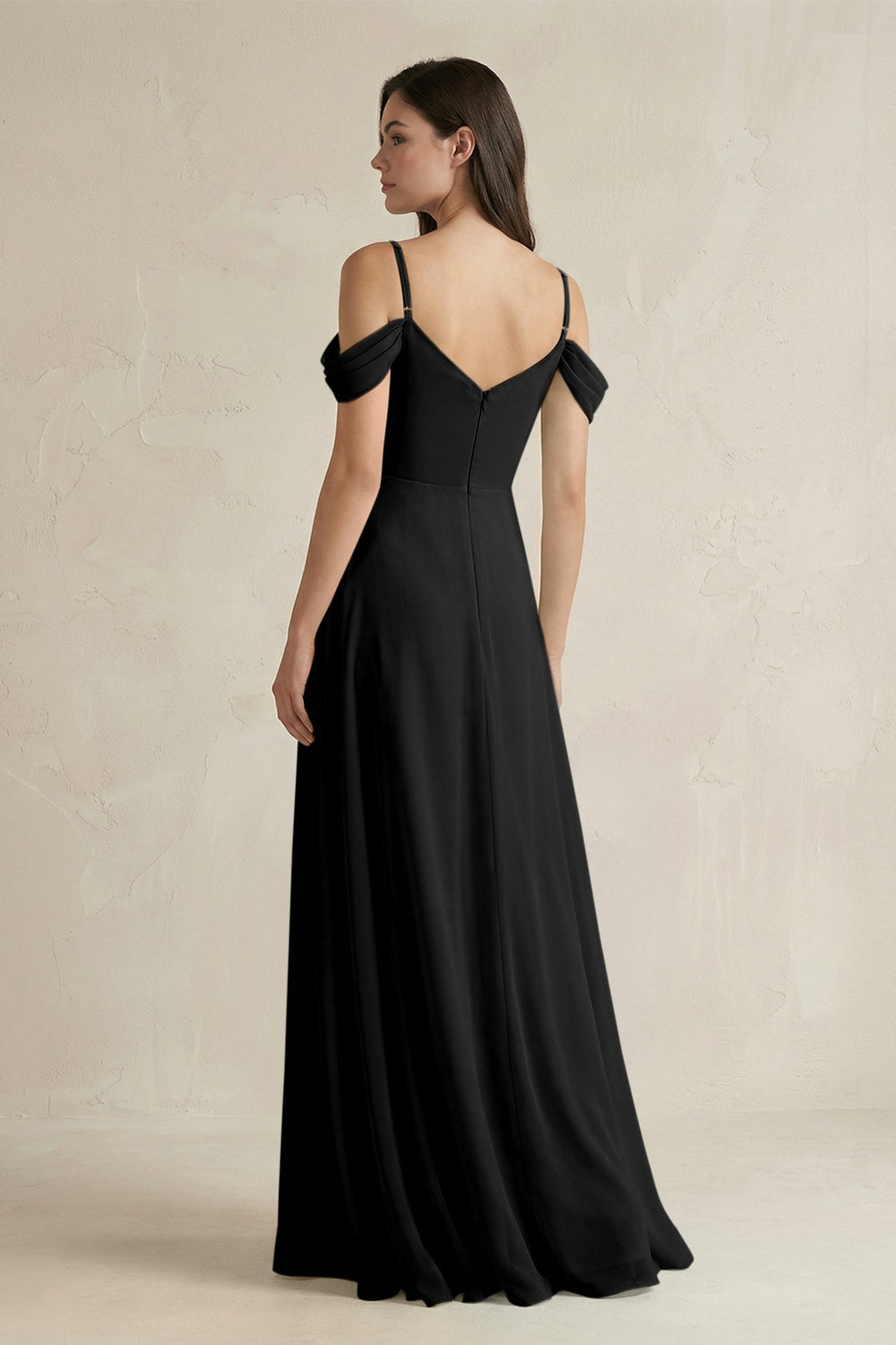 Off - the - Shoulder Chiffon A - Line Bridesmaid Dress in Black - SHE IS ME Bridesmaid Dresses