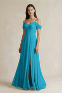 Off - the - Shoulder Chiffon A - Line Bridesmaid Dress in Blue Jay - SHE IS ME Bridesmaid Dresses
