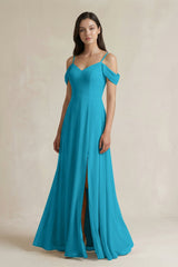 Off - the - Shoulder Chiffon A - Line Bridesmaid Dress in Blue Jay - KISS BRIDAL Bridesmaid Dresses