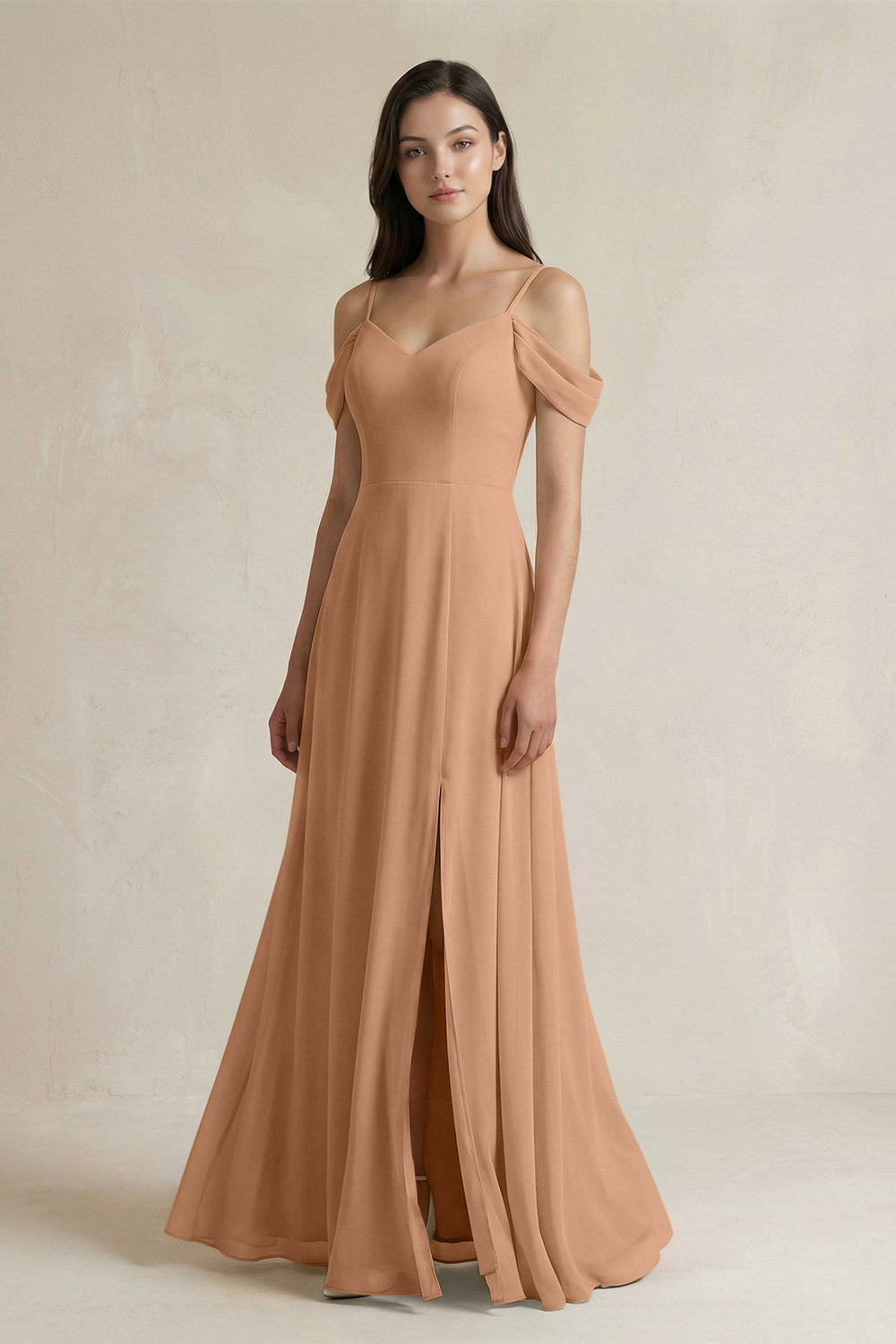 Off - the - Shoulder Chiffon A - Line Bridesmaid Dress in Bronzer - SHE IS ME Bridesmaid Dresses